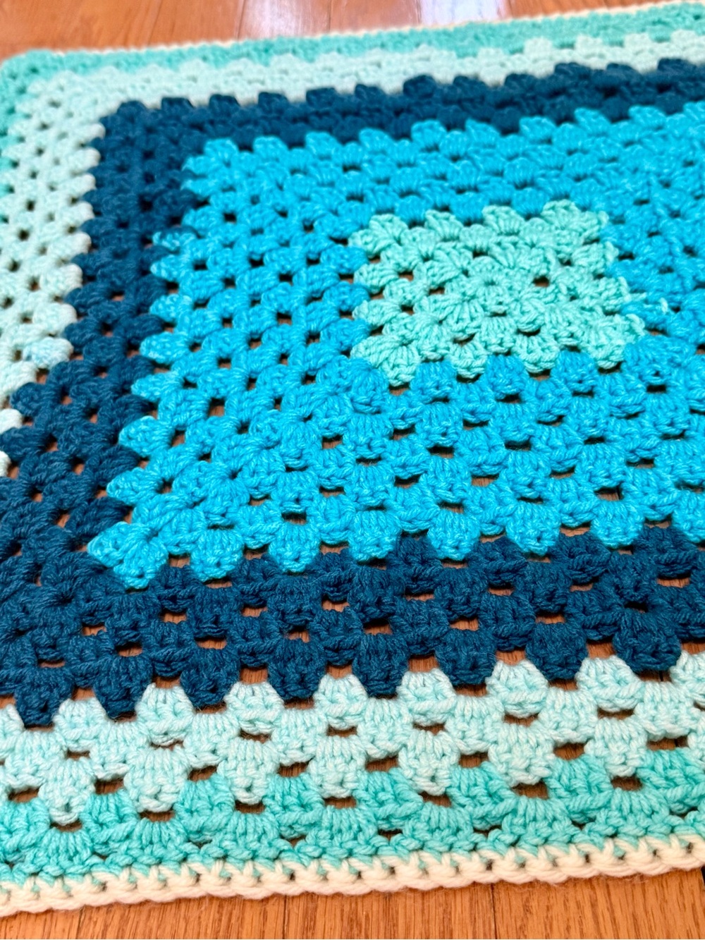 Vintage Handmade Crochet Teal & Aqua Blue Square Throw - Home Accents